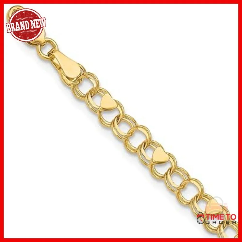 14K Gold Double Link Heart Charm Bracelet Adjustable 6-8 Inch